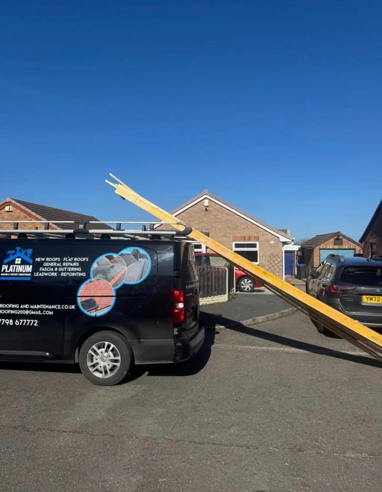Black work van with branding carrying large yellow ladder on roof, parked in residential driveway on sunny day